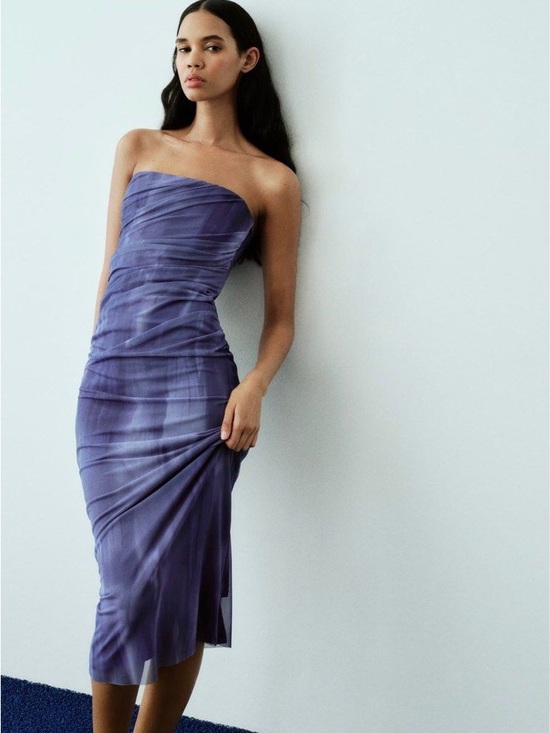 Zara Dresses & Skirts - 168. Zara strapless dress in blue with vertical ruching, size S